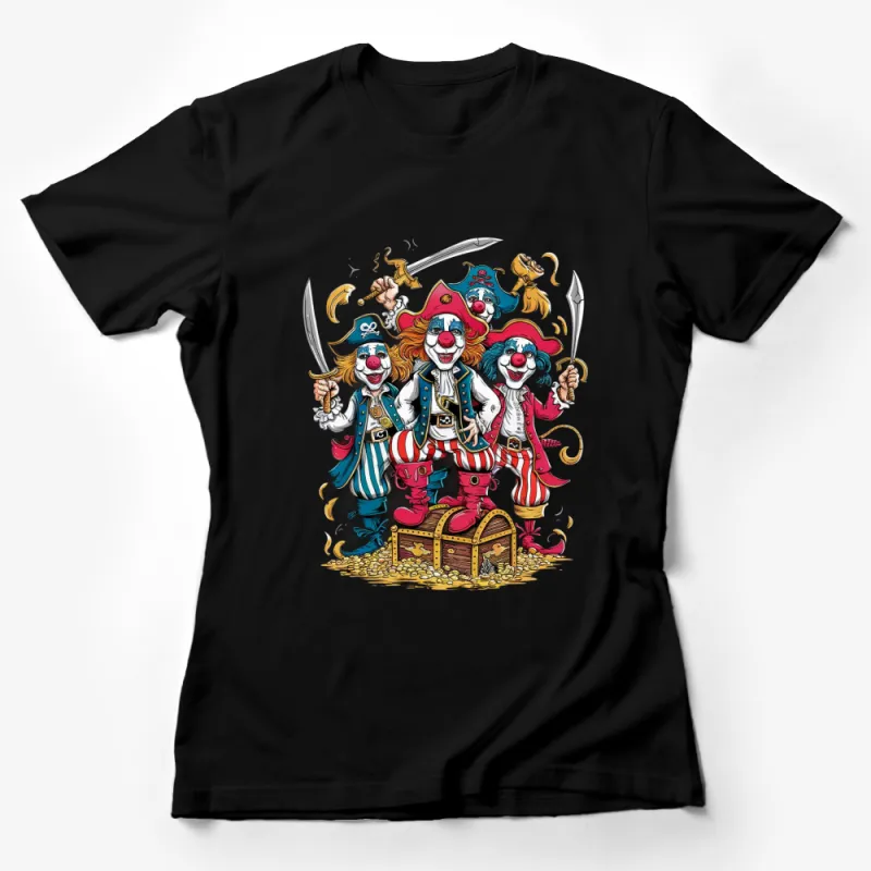 Pirate Clown Trio Graphic T-Shirt, Colorful Cartoon Pirates, Treasure Chest and Parrot Design, Fun Pirate Party Tee for All Ages Female T-Shirt