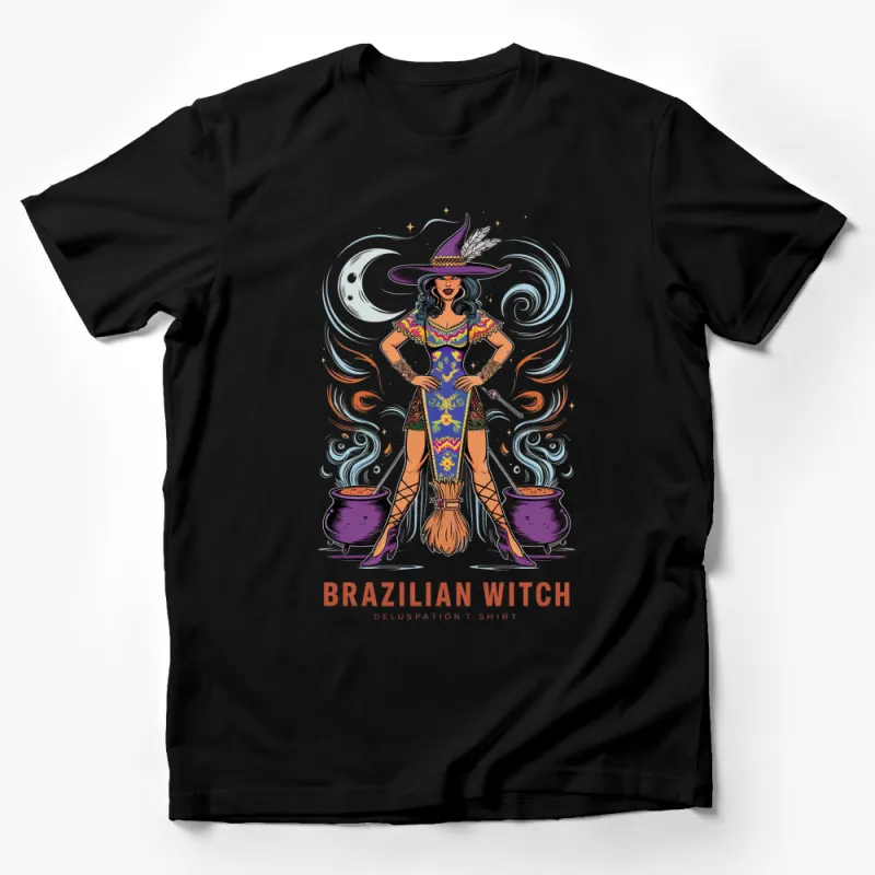 Brazilian Witch Artistic Printed T-Shirt, Magical Witchcraft Design Tee, Vibrant Graphic, Cultural Folklore Fashion Male T-Shirt