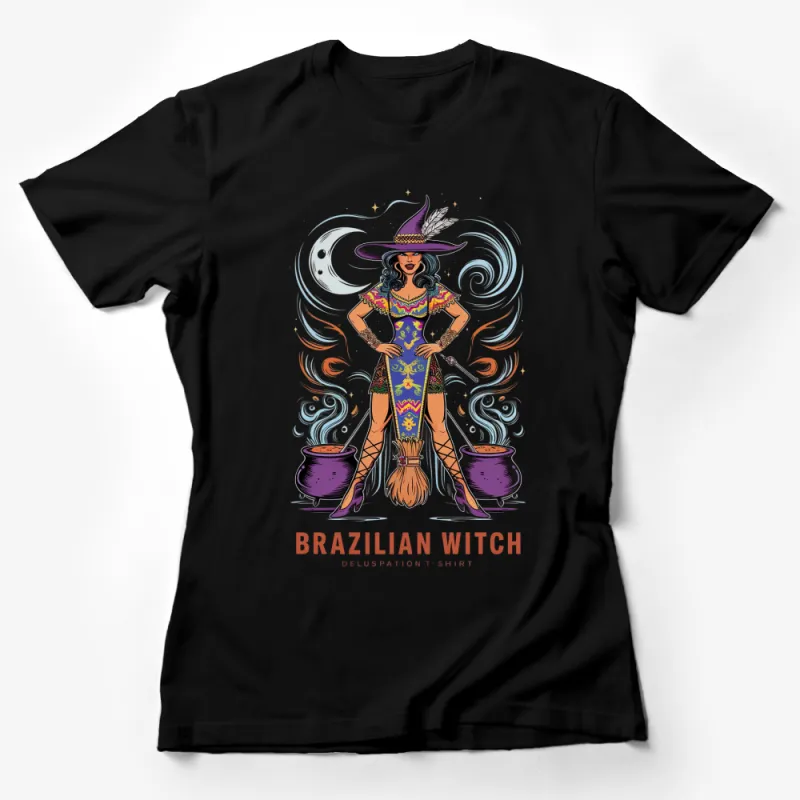 Brazilian Witch Artistic Printed T-Shirt, Magical Witchcraft Design Tee, Vibrant Graphic, Cultural Folklore Fashion Female T-Shirt