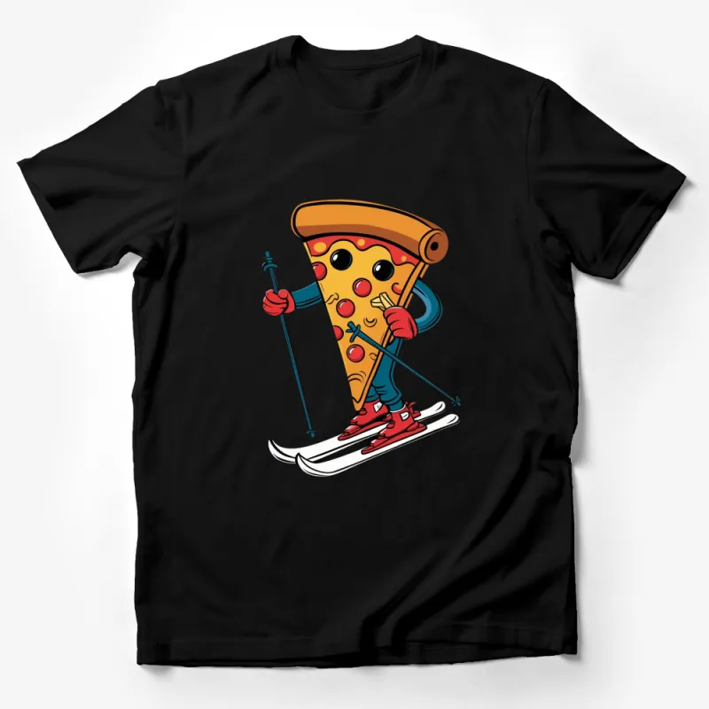 Funny Skiing Pizza Slice Graphic T-Shirt, Cool Winter Sports Tee, Food Lover Ski Shirt, Unique Pizza Apparel Male T-Shirt