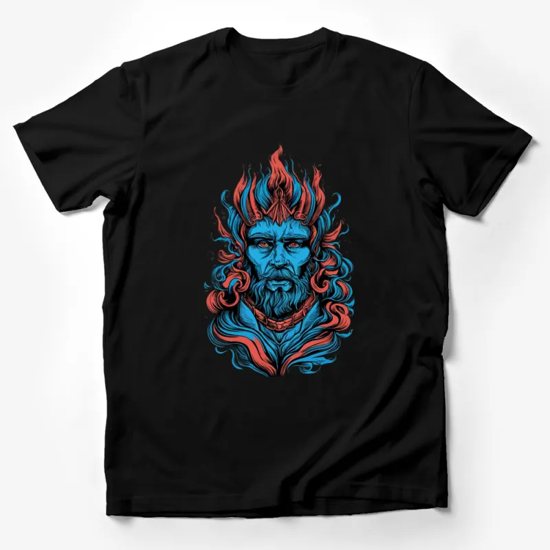 Fire Elemental Fantasy Art T-Shirt, Unique Blue and Red Graphic Tee, Mythical Fire God Design, Stylish Unisex Fashion Male T-Shirt