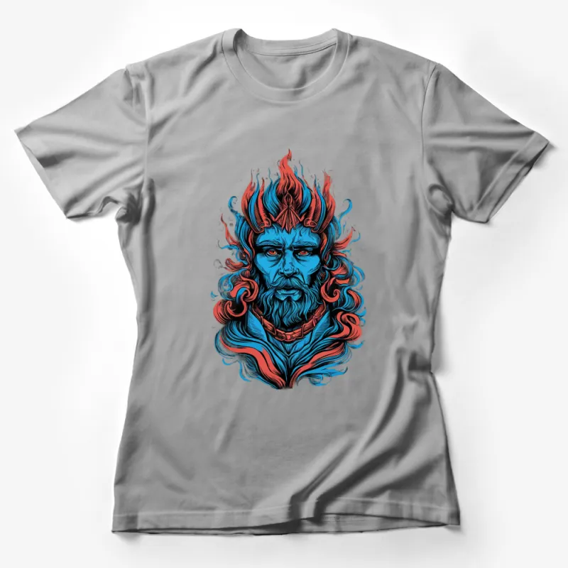 Fire Elemental Fantasy Art T-Shirt, Unique Blue and Red Graphic Tee, Mythical Fire God Design, Stylish Unisex Fashion Female T-Shirt