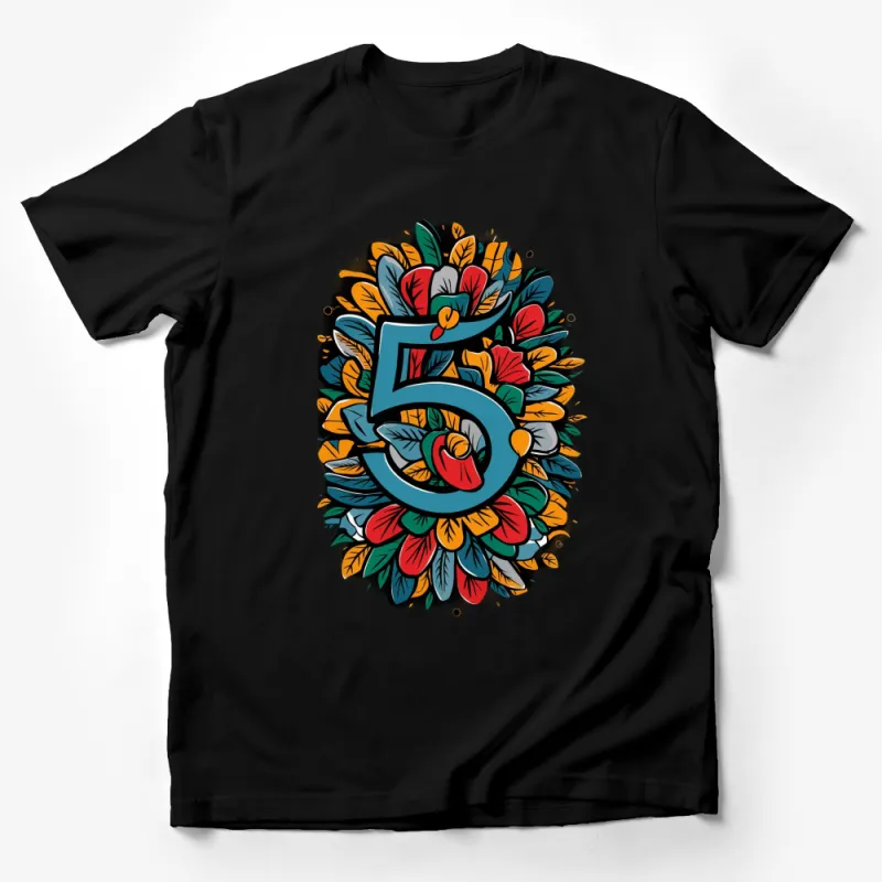 Colorful Floral Number 5 Design T-Shirt, Unisex Casual Wear, Perfect Gift for Birthday Male T-Shirt