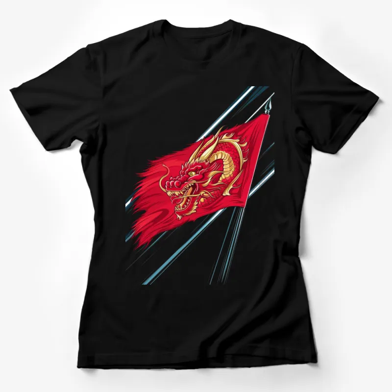 Red Dragon Flag Design T-Shirt, Mythical Beast Graphic Tee, Unique Fantasy Art Clothing Female T-Shirt