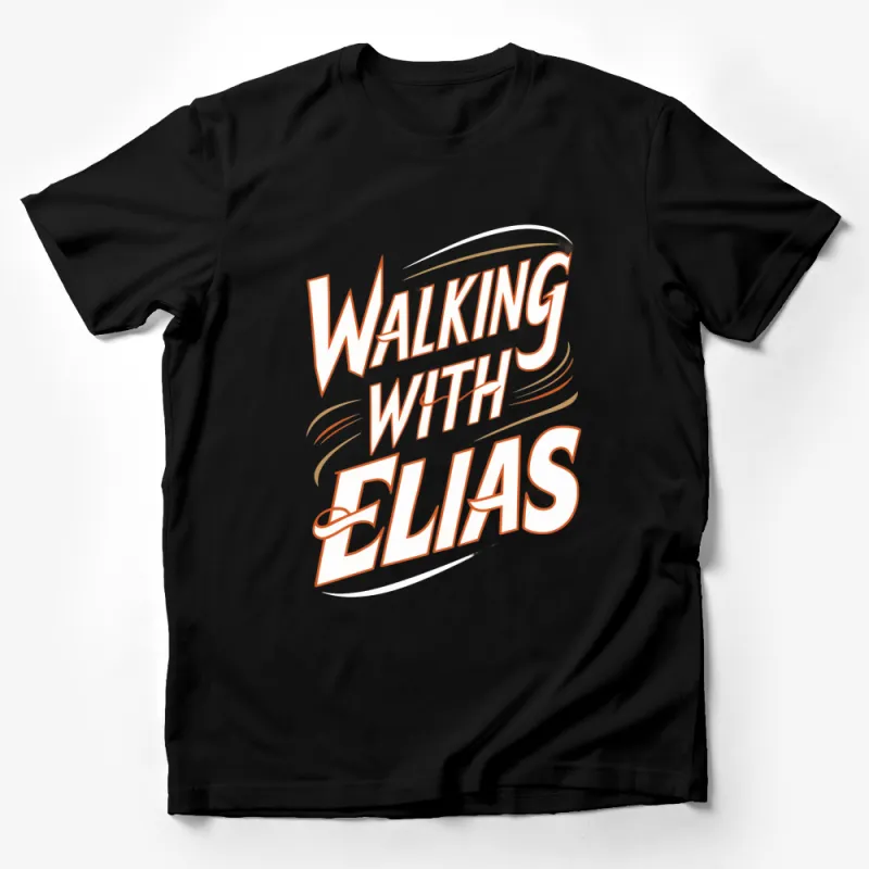 Walking With Elias Graphic T-Shirt, Bold Orange Text Design on Black, Stylish Casual Wear Male T-Shirt