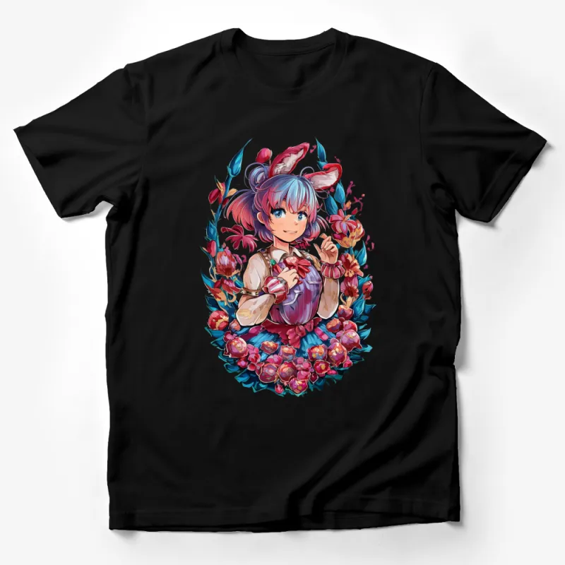 Anime Girl T-Shirt, Vibrant Fantasy Art, Floral Rabbit Ears, Colorful Unique Graphic Tee, Manga Style Male T-Shirt