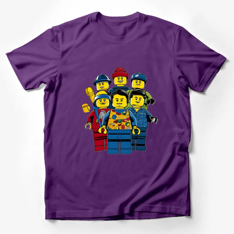 Colorful Toy Brick Figures T-Shirt, Fun Cartoon Workers Graphic Tee for All Ages Male T-Shirt