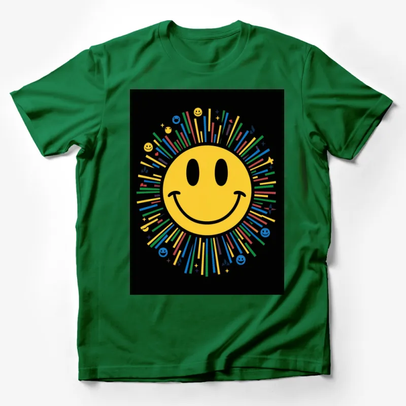 Retro Smile Face T-Shirt, Colorful Rays and Smiley Icons, Unisex Tee for All Ages, Vibrant Black Shirt Male T-Shirt