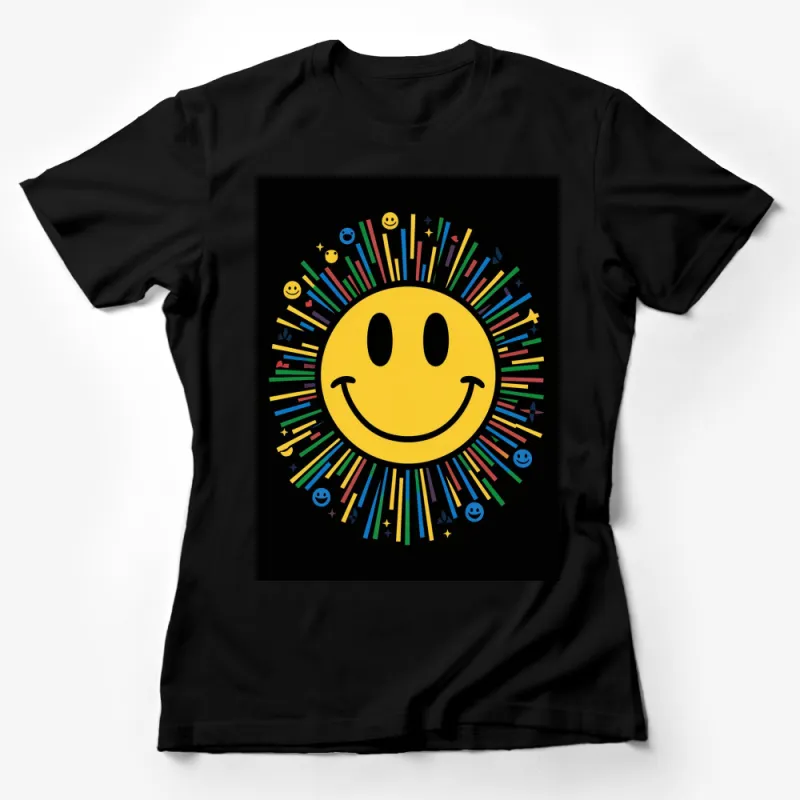 Retro Smile Face T-Shirt, Colorful Rays and Smiley Icons, Unisex Tee for All Ages, Vibrant Black Shirt Female T-Shirt