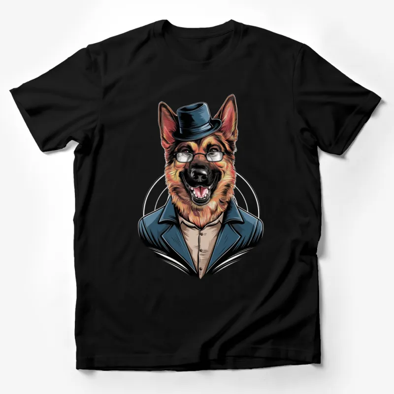 German Shepherd in Suit and Hat Cartoon T-Shirt, Funny Dog Lover Gift, Cool Canine Graphic Tee, Unique Pet Apparel Male T-Shirt