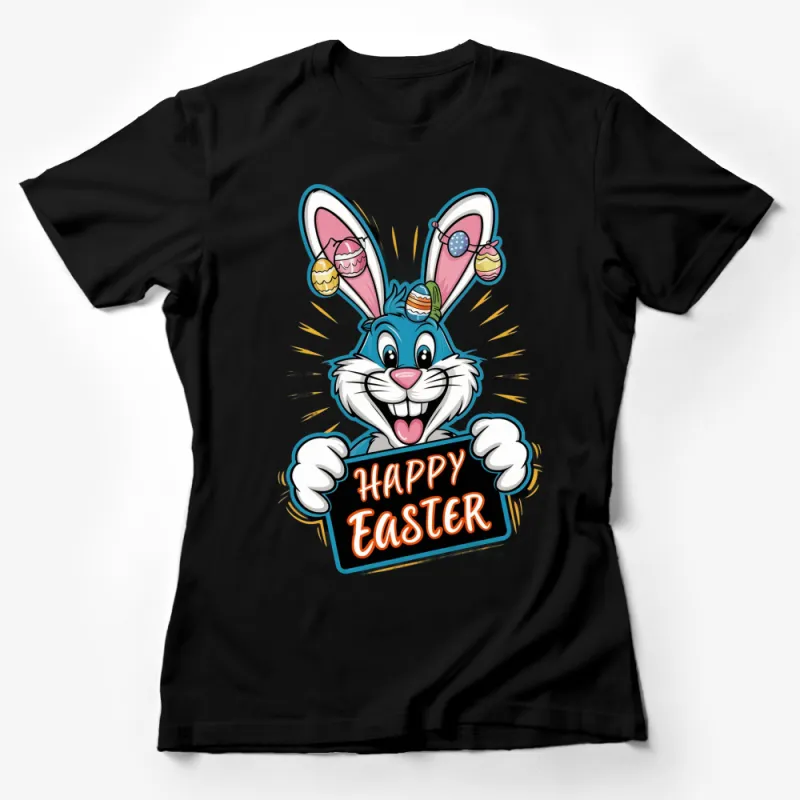 Happy Easter Bunny T-Shirt, Cute Rabbit with Eggs Graphic Tee, Spring Festival Casual Wear Female T-Shirt