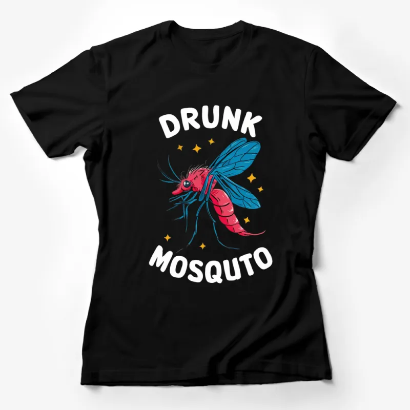 Drunk Mosquito Funny Graphic Tee, Red Mosquito With Blue Wings Cartoon T-Shirt, Unique Party Wear Female T-Shirt