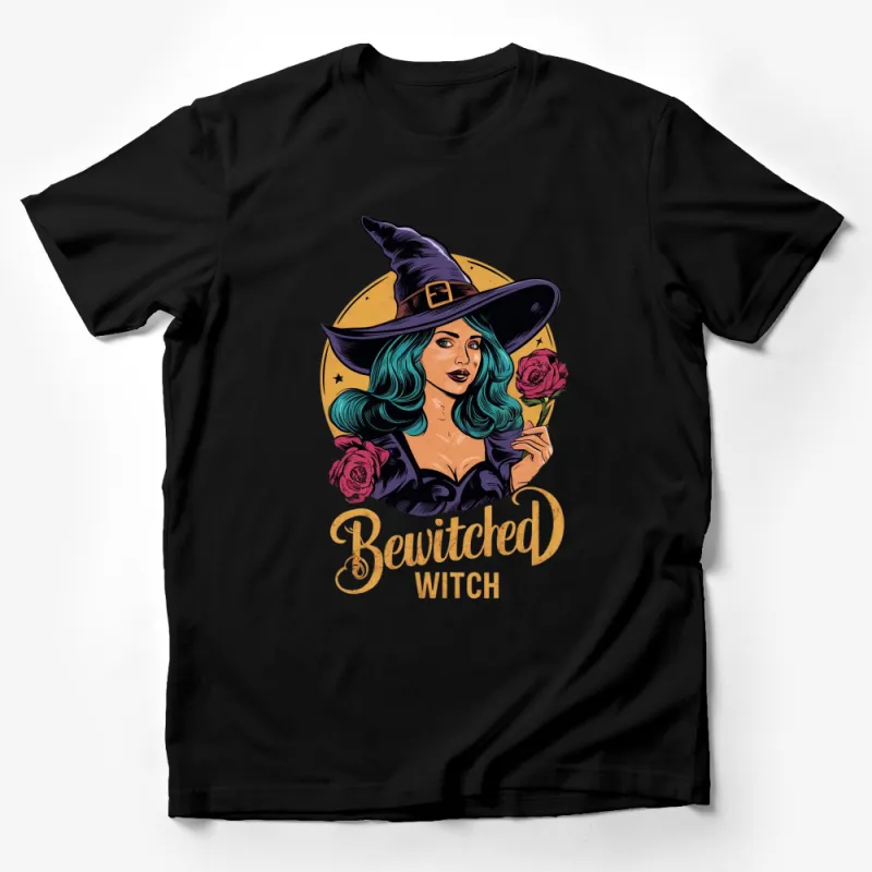 Bewitched Witch Halloween T-Shirt, Vintage Witch with Hat and Roses Graphic Tee, Spooky Witchy Fashion Top Male T-Shirt