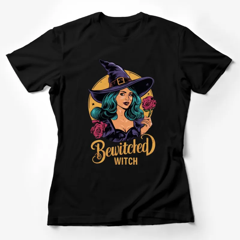 Bewitched Witch Halloween T-Shirt, Vintage Witch with Hat and Roses Graphic Tee, Spooky Witchy Fashion Top Female T-Shirt