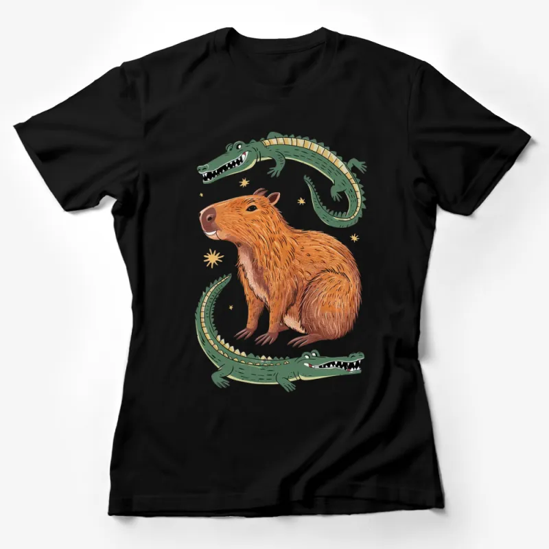 Alligator and Capybara Wildlife Graphic T-Shirt, Cute Animal Illustration Tee, Unisex T-Shirt Female T-Shirt