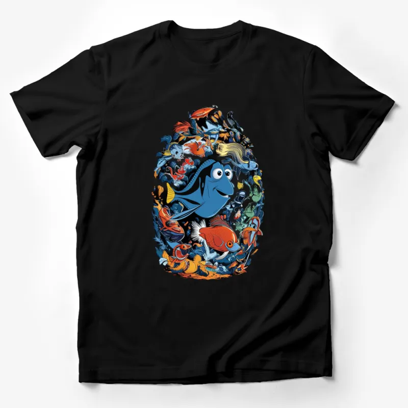 Colorful Ocean Life Graphic T-Shirt, Artistic Marine Animals Print Tee, Dory and Friends Themed Shirt Male T-Shirt