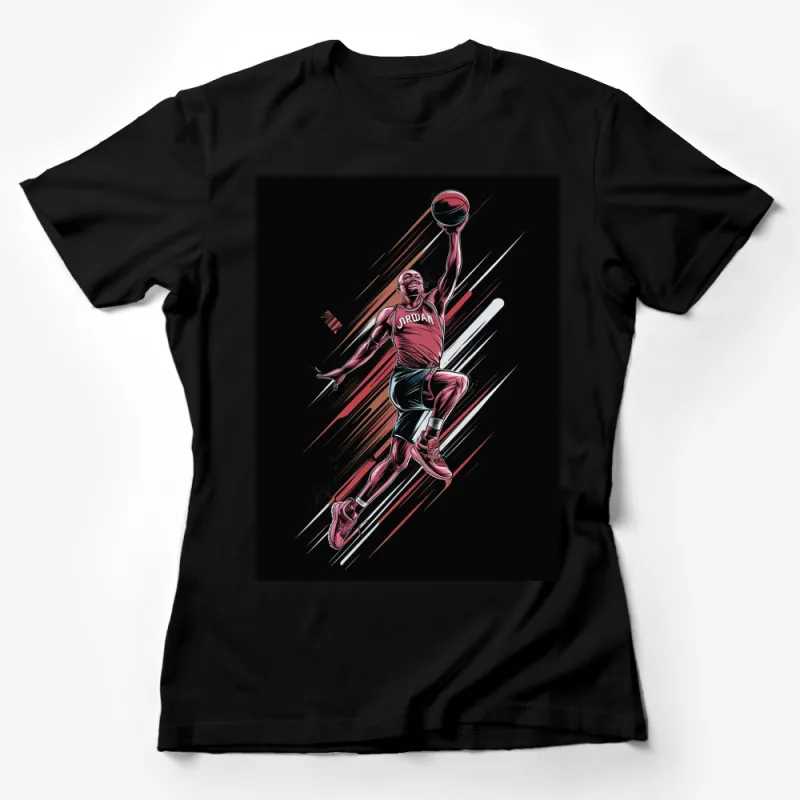 Dynamic Basketball Player T-Shirt, Red and Black Dunking Athlete, Sports Apparel, Unisex Graphic Tee, Gift for Basketball Fans Female T-Shirt