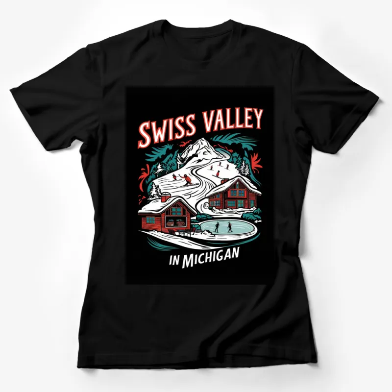 Swiss Valley in Michigan Ski Resort Winter Scene T-Shirt, Alpine Cabin and Skiers Graphic Tee, Outdoor Adventure Clothing Female T-Shirt