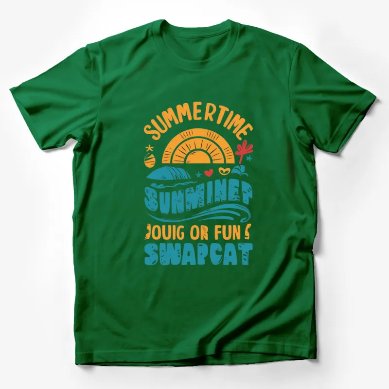 Summertime Joy or Fun Swapcat T-Shirt, Beach Vibes, Sunny Illustration, Casual Summer Wear Male T-Shirt