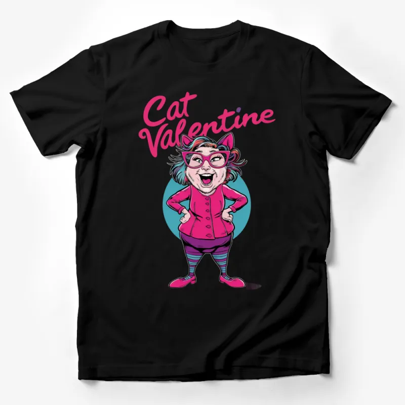 Cat Valentine T-Shirt, Cute Cartoon Cat Lady with Glasses, Colorful Whimsical Fashion Top, Perfect Gift for Cat Lovers Male T-Shirt