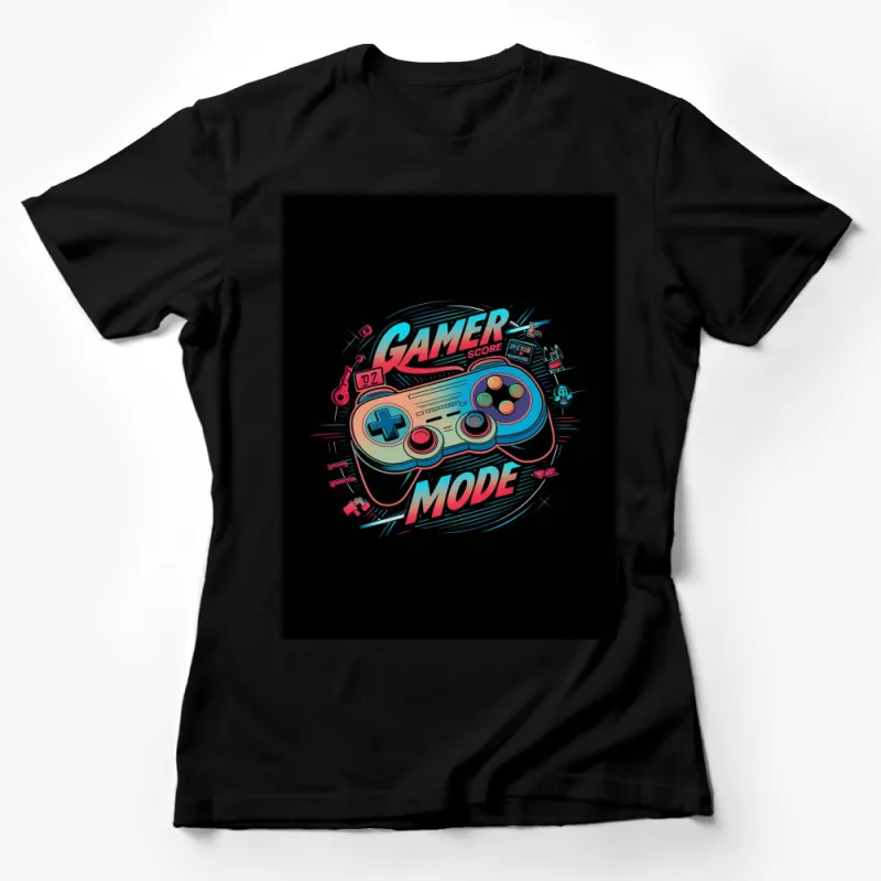 Retro Gamer Mode T-Shirt, Neon Colors Video Game Controller, Gaming Apparel, Unisex Graphic Tee Female T-Shirt