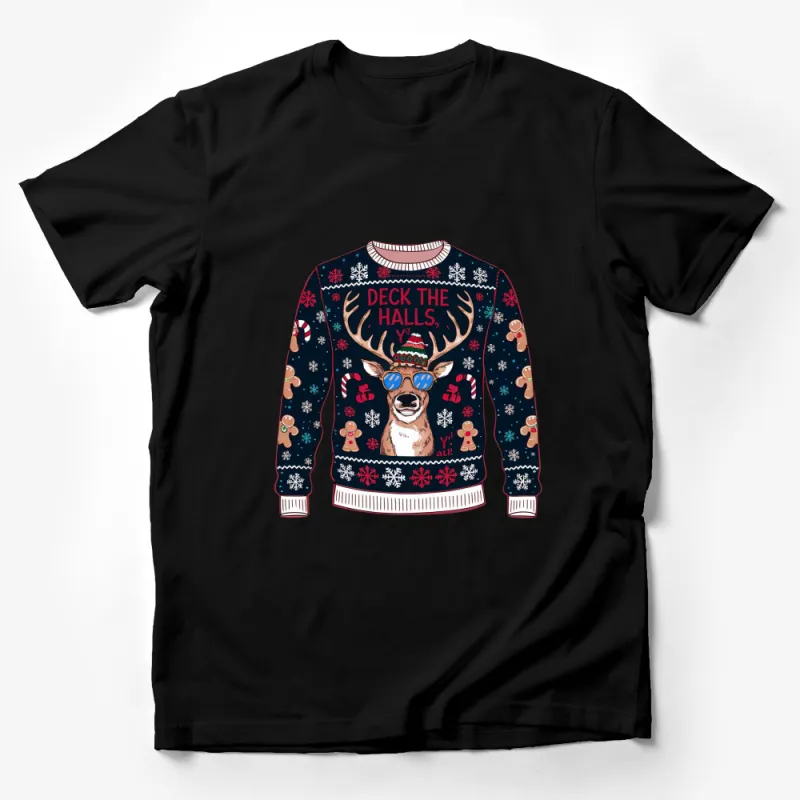 Ugly Christmas Sweater T-Shirt, Festive Reindeer Graphic, Holiday Shirt, Deck The Halls Y'all Male T-Shirt