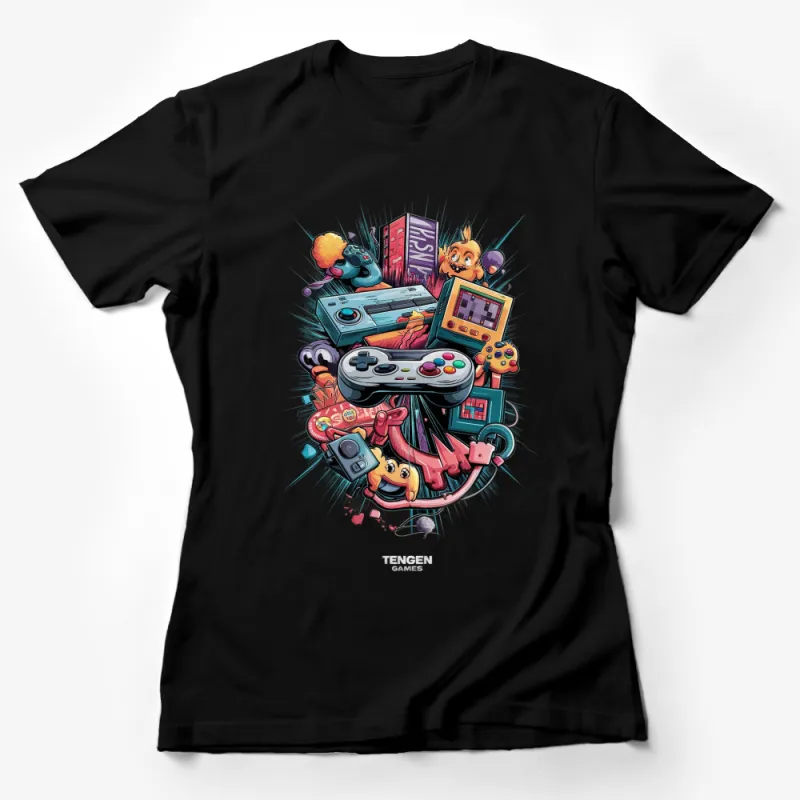 Retro Gaming T-Shirt, Colorful Vintage Video Game Controllers and Cartridges Design Female T-Shirt