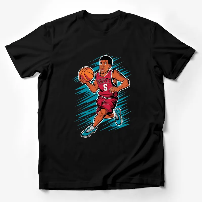 Dynamic Basketball Player Graphic T-Shirt, Athletic Sports Tee, Vibrant Red and Blue Design Male T-Shirt