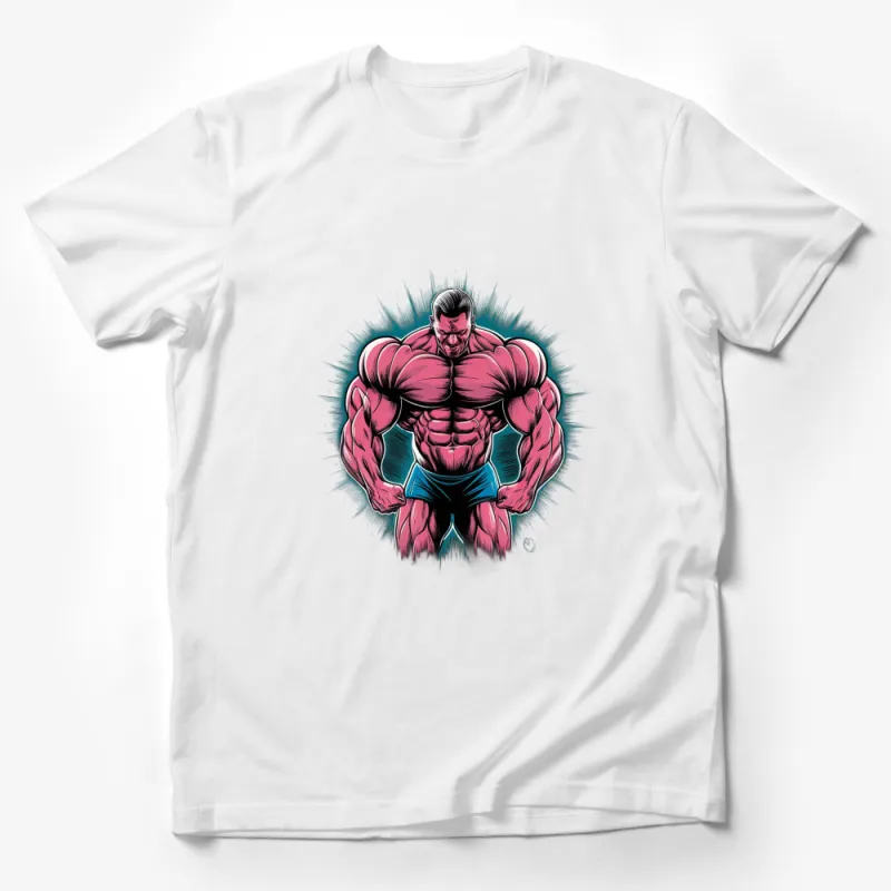 Muscle Man Cartoon Art T-Shirt, Bold Colorful Bodybuilder Graphic Tee, Fitness Lover Gift Male T-Shirt