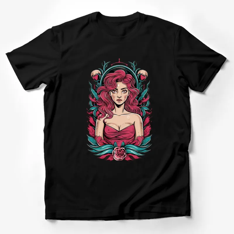 Red Haired Fantasy Woman T-Shirt, Vintage Comic Style Art with Floral Background, Unique Graphic Tee Male T-Shirt