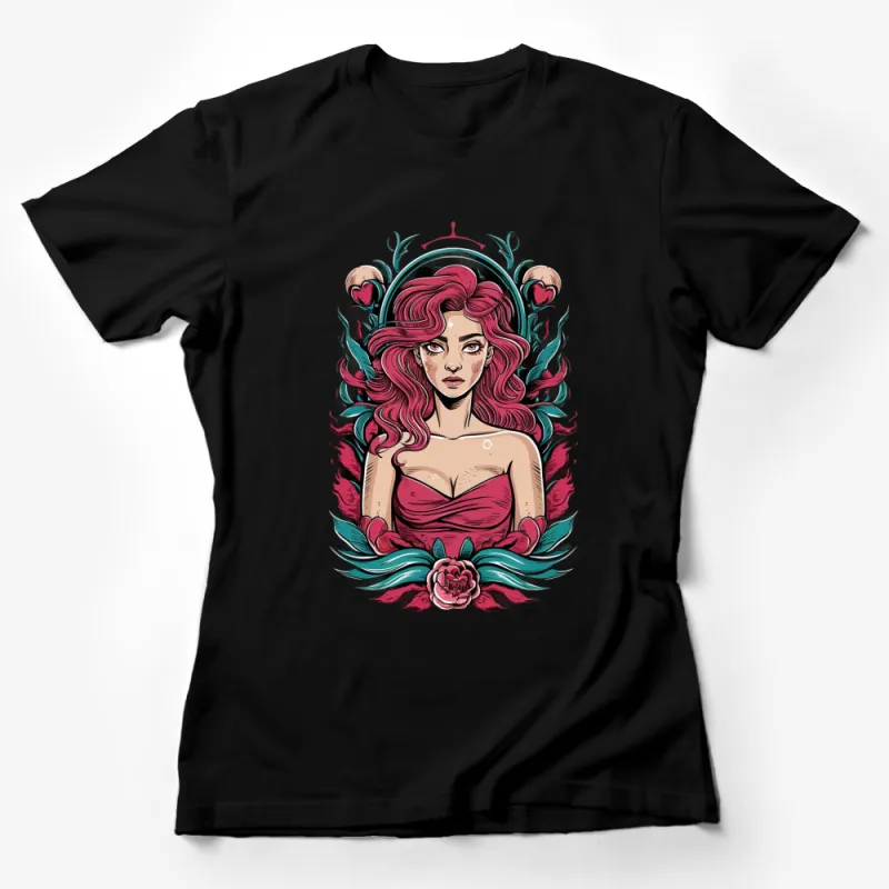 Red Haired Fantasy Woman T-Shirt, Vintage Comic Style Art with Floral Background, Unique Graphic Tee Female T-Shirt