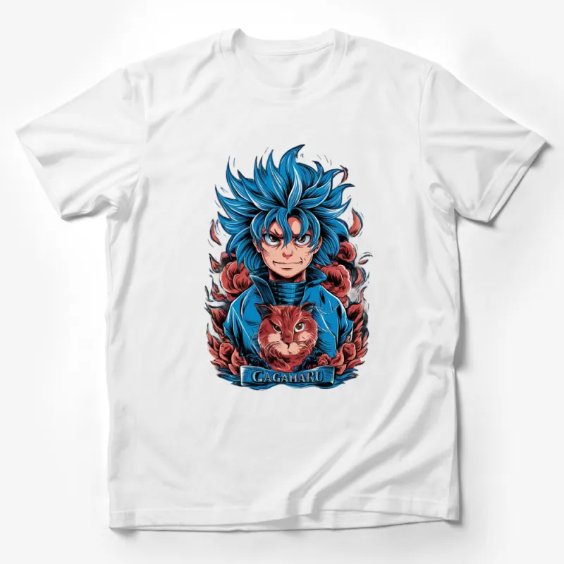 Anime Character Blue Hair Fire Flames Graphic T-Shirt, Cool Manga Style Art Tee, Unisex Male T-Shirt