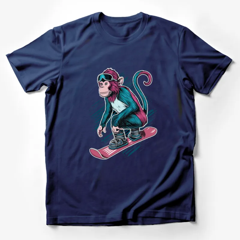 Snowboarding Monkey Graphic T-Shirt, Cool Monkey on Board, Stylish Animal Sports Tee, Trendy Winter Apparel Male T-Shirt