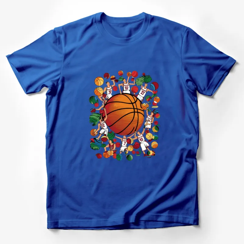 Colorful Basketball Players and Balls Graphic Tee, Men's Sports T-Shirt, Athletic Casual Wear Male T-Shirt