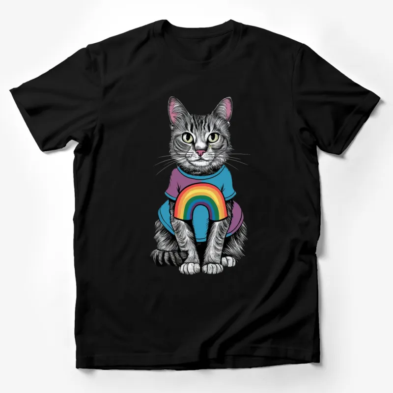 Colorful Rainbow Cat T-Shirt, Cute Tabby Cat Graphic Tee, Unisex Cat Lover Gift, Animal Art Clothing Male T-Shirt