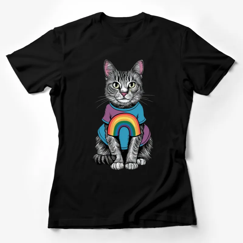 Colorful Rainbow Cat T-Shirt, Cute Tabby Cat Graphic Tee, Unisex Cat Lover Gift, Animal Art Clothing Female T-Shirt