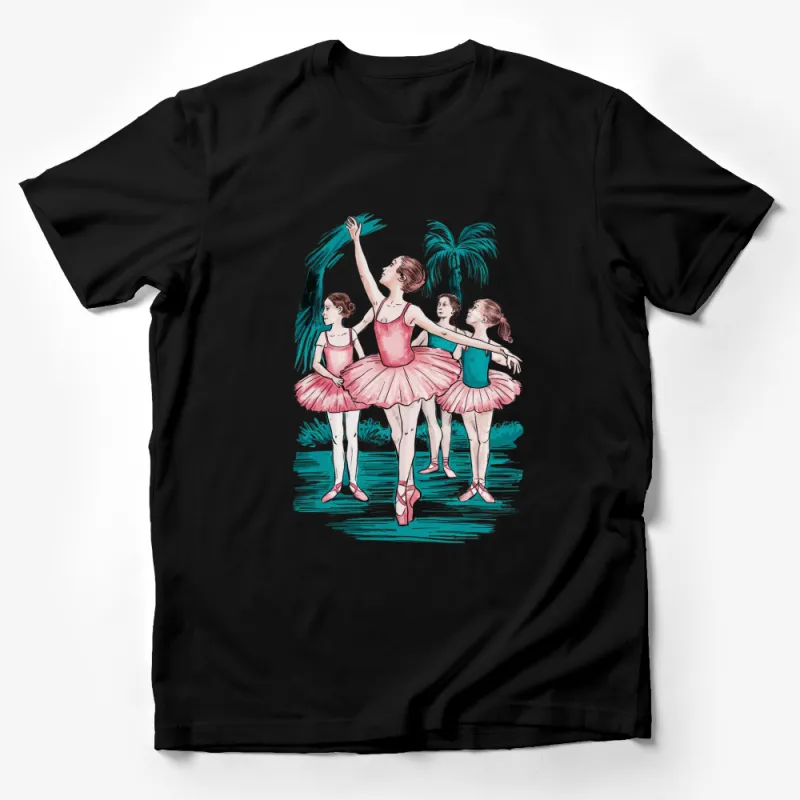 Ballet Dance T-Shirt for Girls, Pink and Blue Ballerinas, Palm Tree Background, Artist Illustration Tee Male T-Shirt