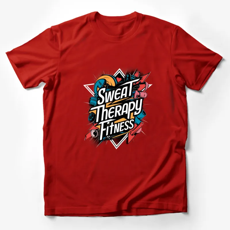 Sweat Therapy Fitness Graphic T-Shirt, Colorful Funky Gym Wear, Unisex Casual Sports Tee Male T-Shirt