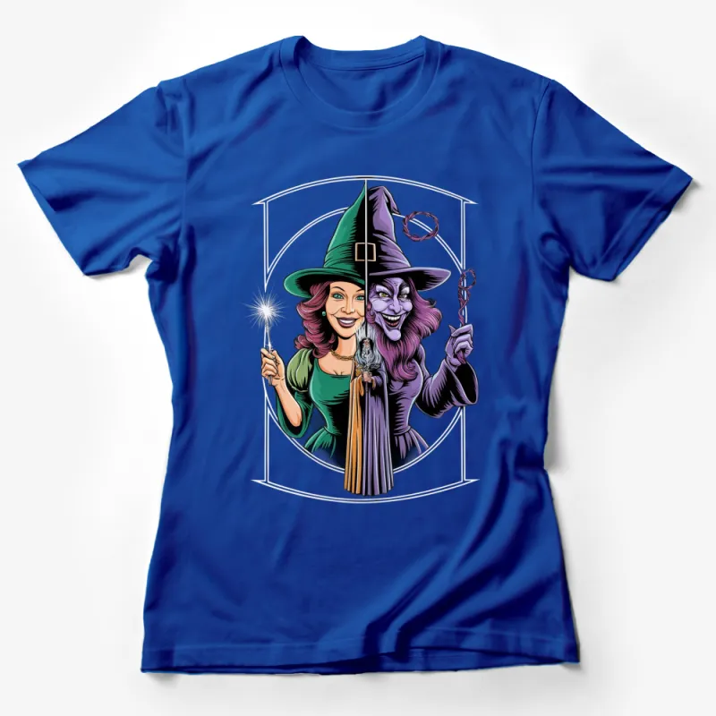 Dual Persona Witch Graphic T-Shirt, Halloween Witch Tee, Unique Fantasy Art Clothing, Green and Purple Witch Shirt Female T-Shirt