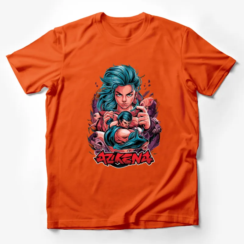 Azkena Graphic T-Shirt, Blue Hair Female Warrior Design, Vibrant Comic Style Tee Male T-Shirt