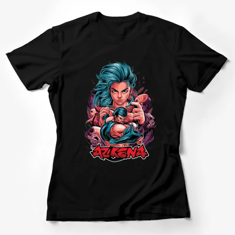 Azkena Graphic T-Shirt, Blue Hair Female Warrior Design, Vibrant Comic Style Tee Female T-Shirt