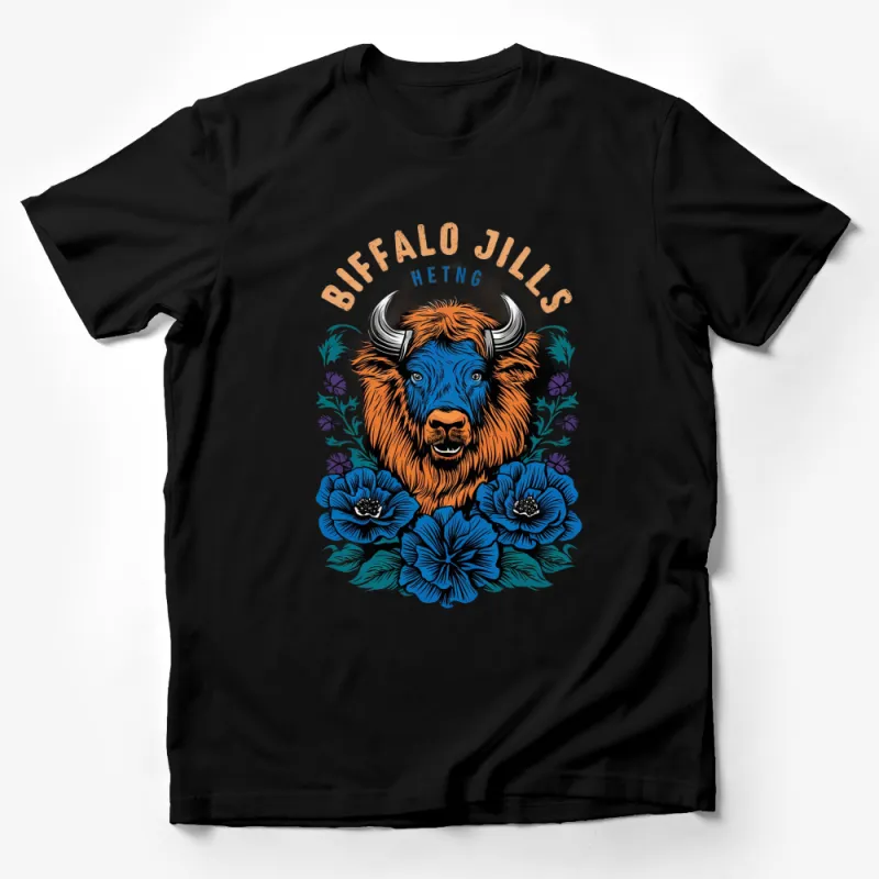 Buffalo Jills Hetng Graphic T-Shirt, Vintage Bison and Floral Design, Animal Nature Inspired Casual Wear Male T-Shirt