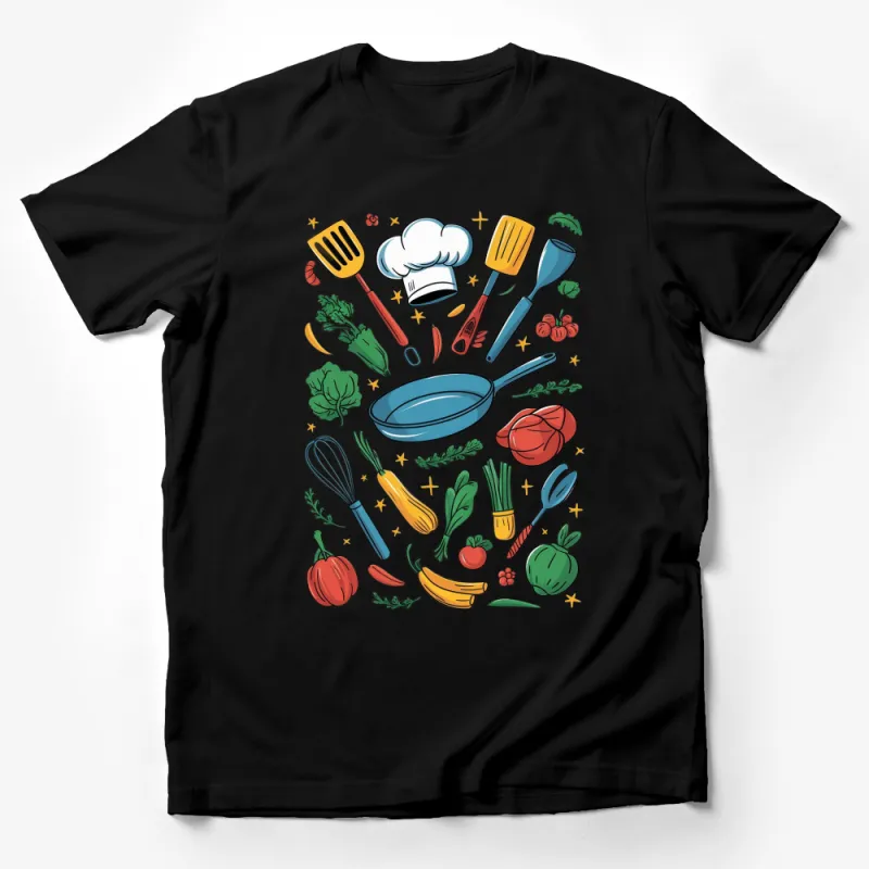 Colorful Chef Kitchen Tools and Vegetables T-Shirt, Culinary Enthusiast Gift, Cooks and Food Lovers Tee Male T-Shirt