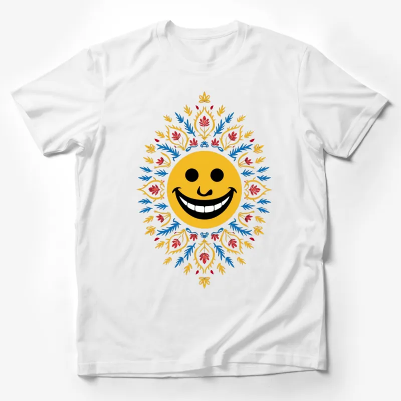 Unique Happy Face Floral Wreath T-Shirt, Yellow Smiling Graphic Tee, Unisex Soft Cotton Summer Top Male T-Shirt