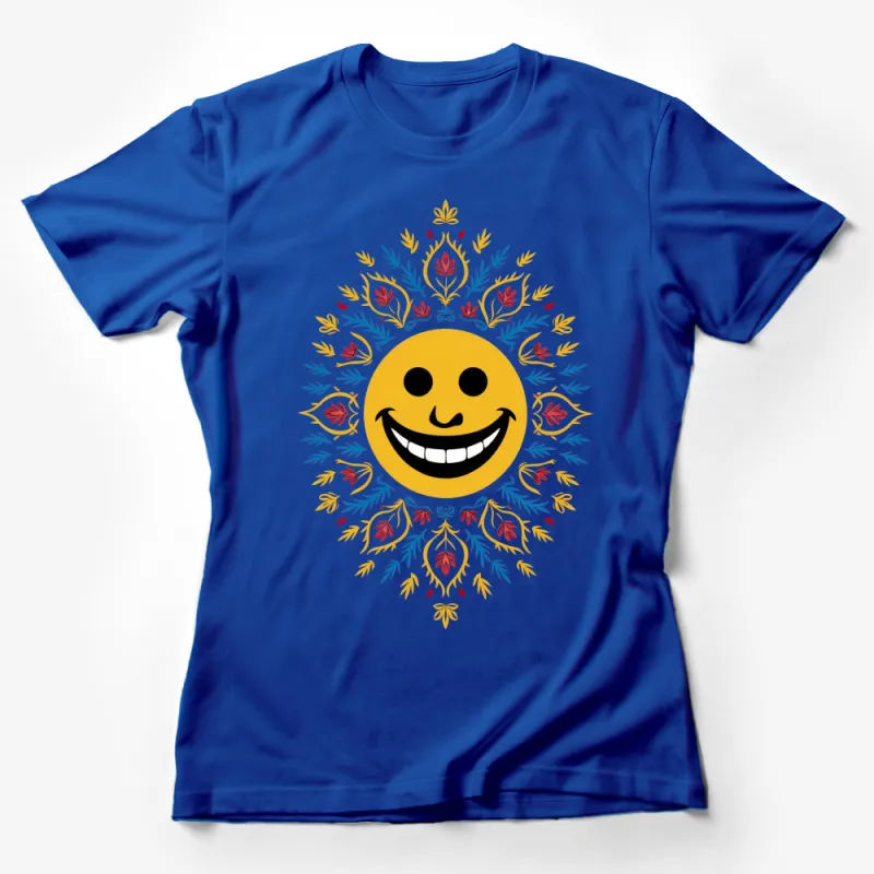 Unique Happy Face Floral Wreath T-Shirt, Yellow Smiling Graphic Tee, Unisex Soft Cotton Summer Top Female T-Shirt