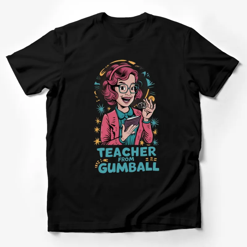 Vintage Cartoon Teacher T-Shirt, Pink Jacket, Gumball Inspired Graphic Tee, Casual Wear Male T-Shirt