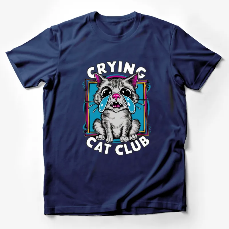 Crying Cat Club T-Shirt, Cartoon Sad Cat Graphic, Unisex Emotional Cat Lover Tee Male T-Shirt