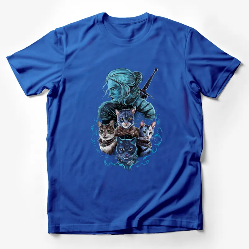 Warrior Woman and Cats T-Shirt, Fantasy Art Female Warrior with Cats, Blue Cool Graphic Tee for Cat Lovers Male T-Shirt