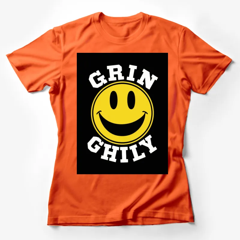 Grin and Chill Smiley Face T-Shirt, Yellow and Black Happy Face Tee, Fun Graphic Shirt for Everyday Wear Female T-Shirt