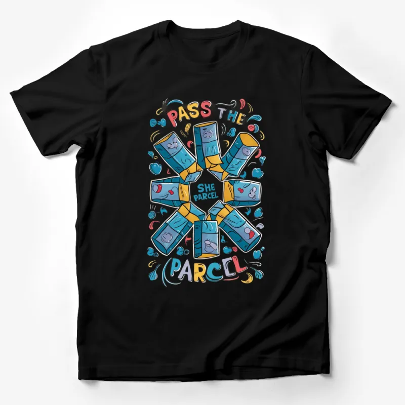 Pass The Parcel Cartoon T-Shirt, Fun Family Game Night Graphic Tee, Colorful Unisex Shirt Male T-Shirt